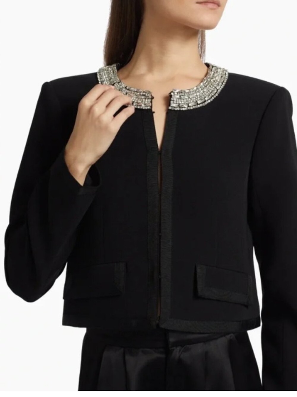 Cinq a Sept Bobby Black Crepe Crooped Rhinestone Necklace Blazer Jacket size 12